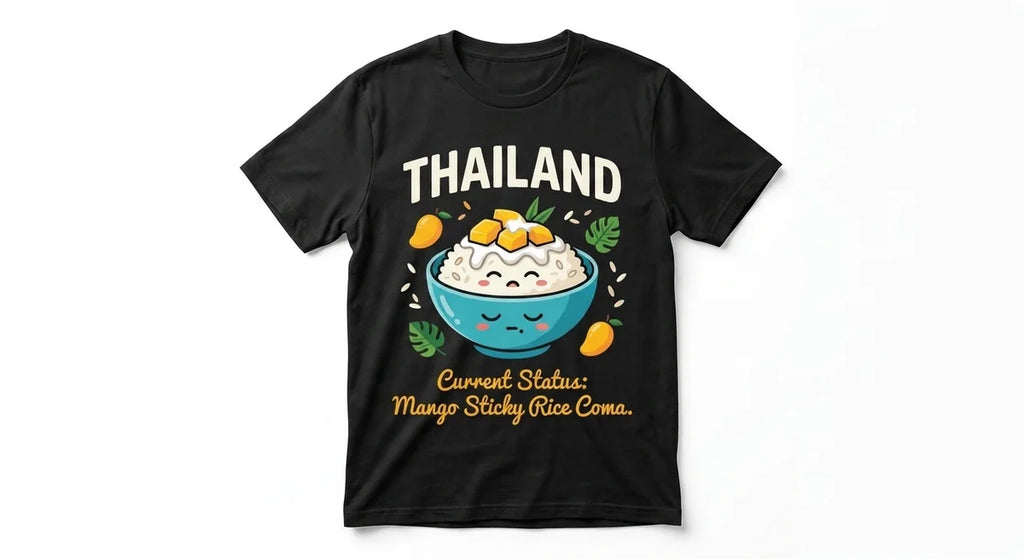 Thailand Travel Souvenir T-Shirt | "Mango Sticky Rice Coma" Funny Foodie Tee | Unisex Cotton Graphic Shirt