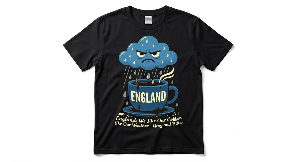 England Souvenir T-Shirt: "Grey & Bitter" Funny Weather Coffee Graphic Tee
