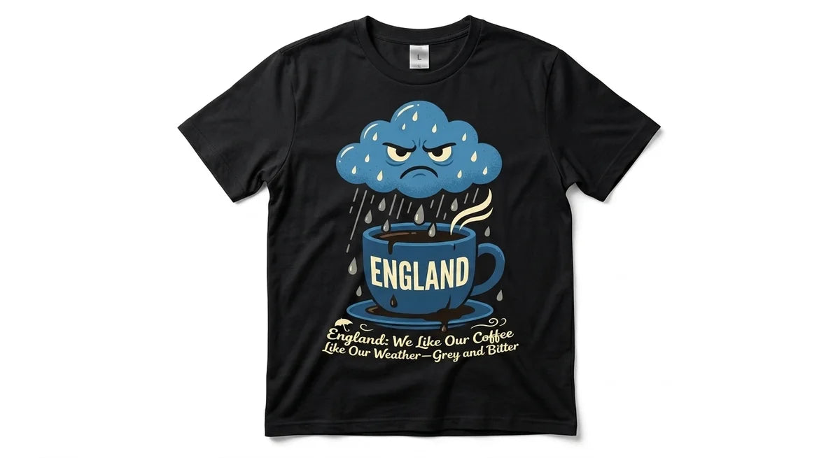 England Souvenir T-Shirt: "Grey & Bitter" Funny Weather Coffee Graphic Tee