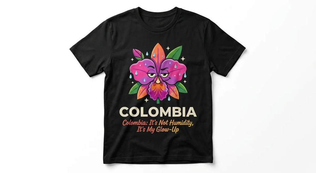 Colombia Tropical Glow-Up Graphic T-Shirt | Premium 100% Cotton Souvenir Tee | Funny Humidity-Proof Apparel