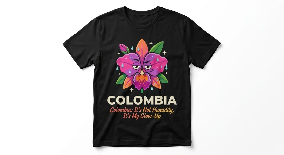 Colombia Tropical Glow-Up Graphic T-Shirt | Premium 100% Cotton Souvenir Tee | Funny Humidity-Proof Apparel