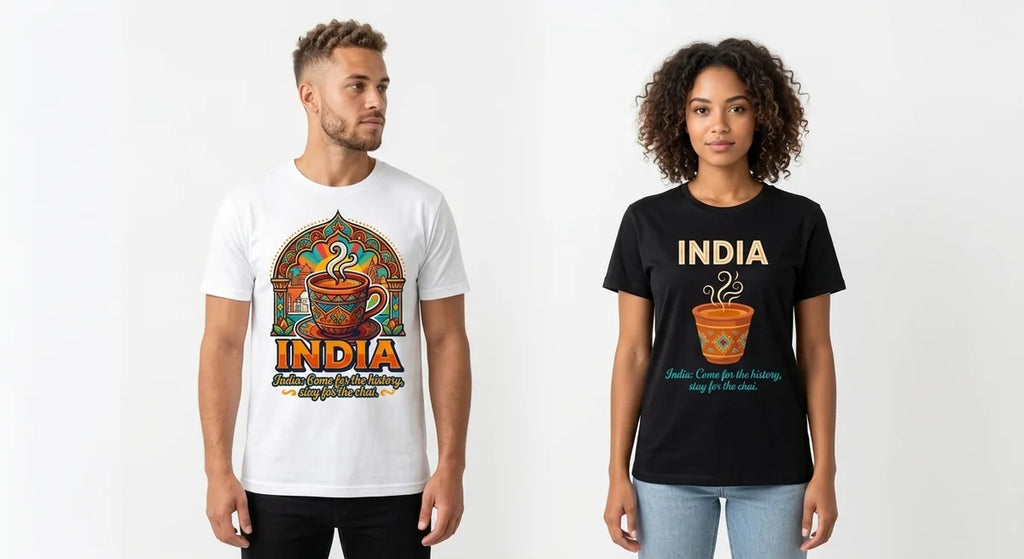 India Travel Souvenir T-Shirt | "Come for the History, Stay for the Chai" Graphic Tee | Unisex Cotton Casual Wear