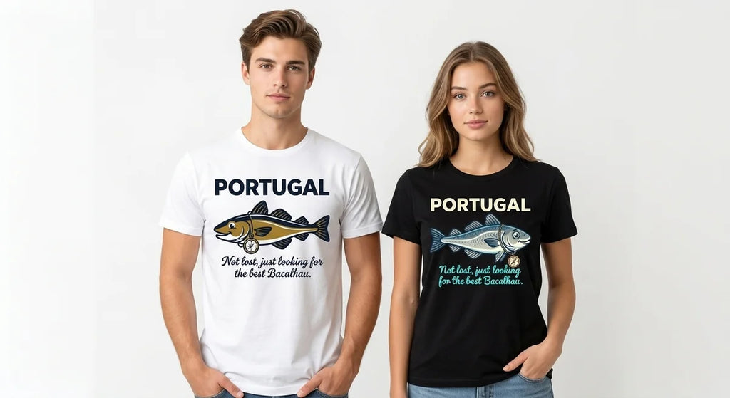 Portugal Travel T-Shirt | "Not Lost, Just Looking for Bacalhau" Funny Codfish Graphic Tee | Premium Cotton Souvenir Shirt
