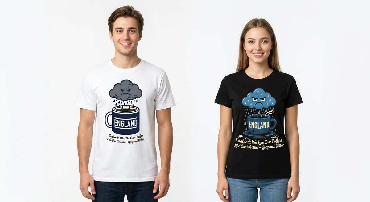 England Souvenir T-Shirt: "Grey & Bitter" Funny Weather Coffee Graphic Tee