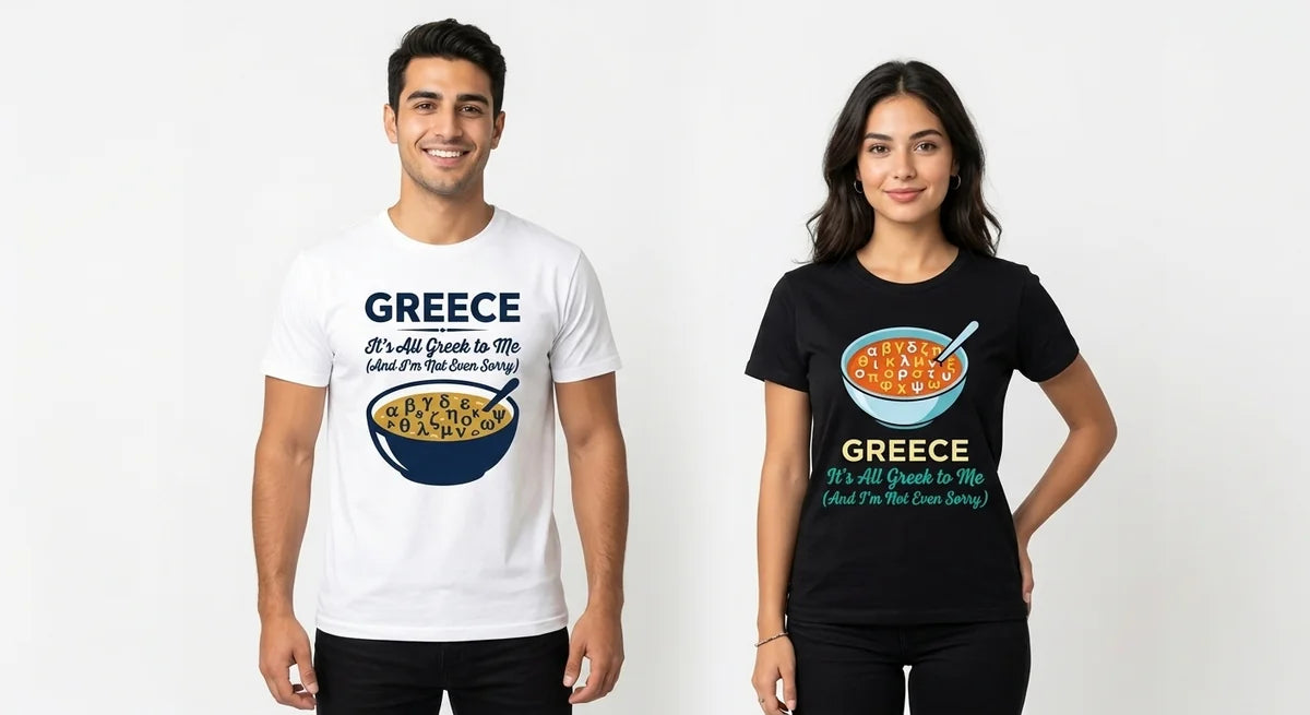 "It’s All Greek to Me" Funny Travel T-Shirt | Premium Greece Souvenir Tee | Alphabet Soup Graphic Crewneck