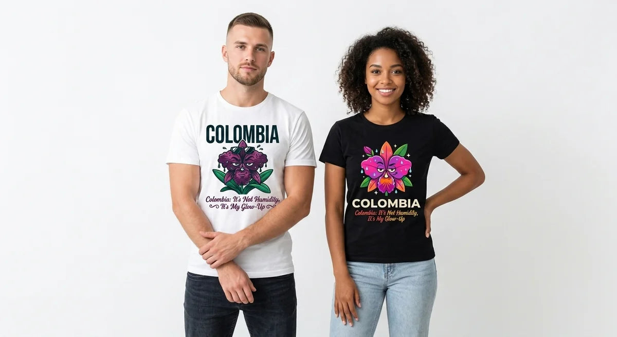 Colombia Tropical Glow-Up Graphic T-Shirt | Premium 100% Cotton Souvenir Tee | Funny Humidity-Proof Apparel