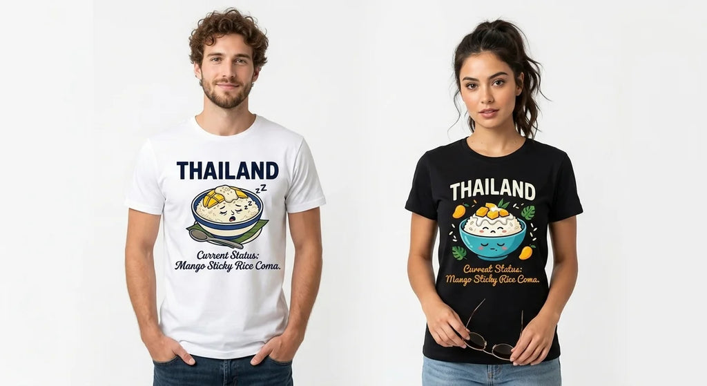 Thailand Travel Souvenir T-Shirt | "Mango Sticky Rice Coma" Funny Foodie Tee | Unisex Cotton Graphic Shirt
