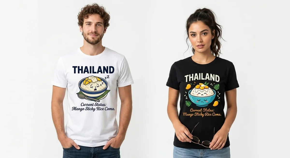 Thailand Travel Souvenir T-Shirt | "Mango Sticky Rice Coma" Funny Foodie Tee | Unisex Cotton Graphic Shirt
