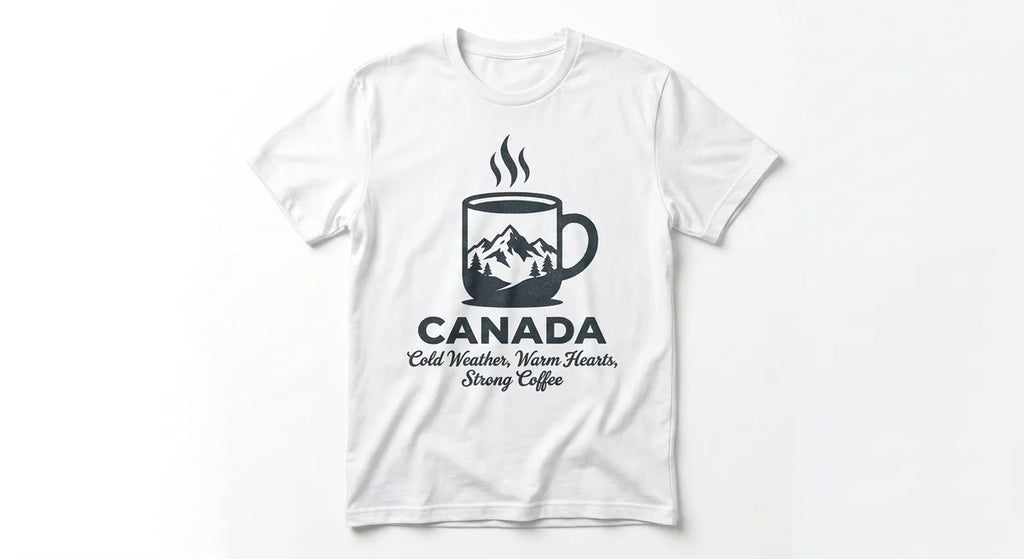 Canada Souvenir T-Shirt: Cold Weather, Warm Hearts, Strong Coffee | Premium Unisex Cotton Tee