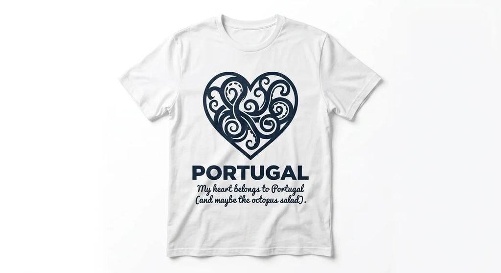 Portugal Travel T-Shirt | Heart-Shaped Octopus Graphic | Funny Portuguese Foodie Souvenir | 100% Cotton Premium Tee