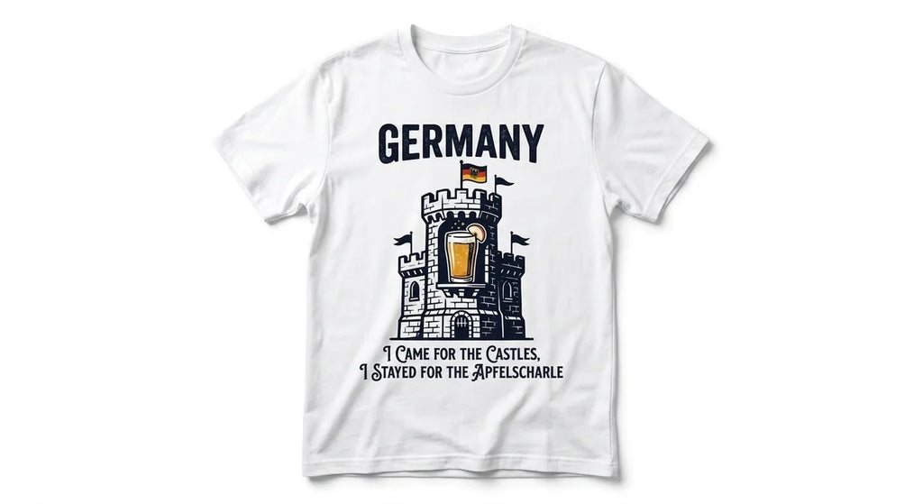 Germany Travel T-Shirt | "I Came for the Castles, I Stayed for the Apfelschorle" Funny Tee | Bavarian Aesthetic Graphic Shirt