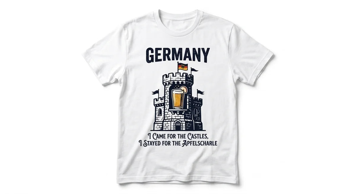 Germany Travel T-Shirt | "I Came for the Castles, I Stayed for the Apfelschorle" Funny Tee | Bavarian Aesthetic Graphic Shirt