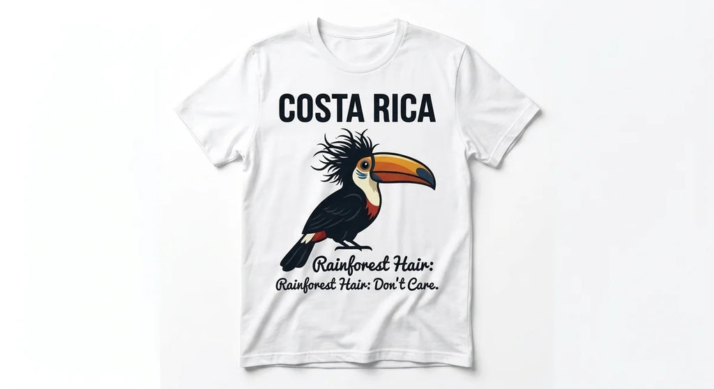 Women's Rainforest Hair Don't Care Graphic Tee | Toucan Frizzy Crest Vacation Apparel | Costa Rica Souvenir T-Shirt