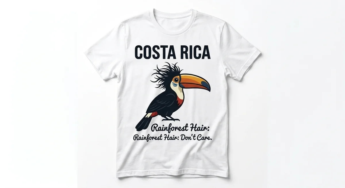 Women's Rainforest Hair Don't Care Graphic Tee | Toucan Frizzy Crest Vacation Apparel | Costa Rica Souvenir T-Shirt