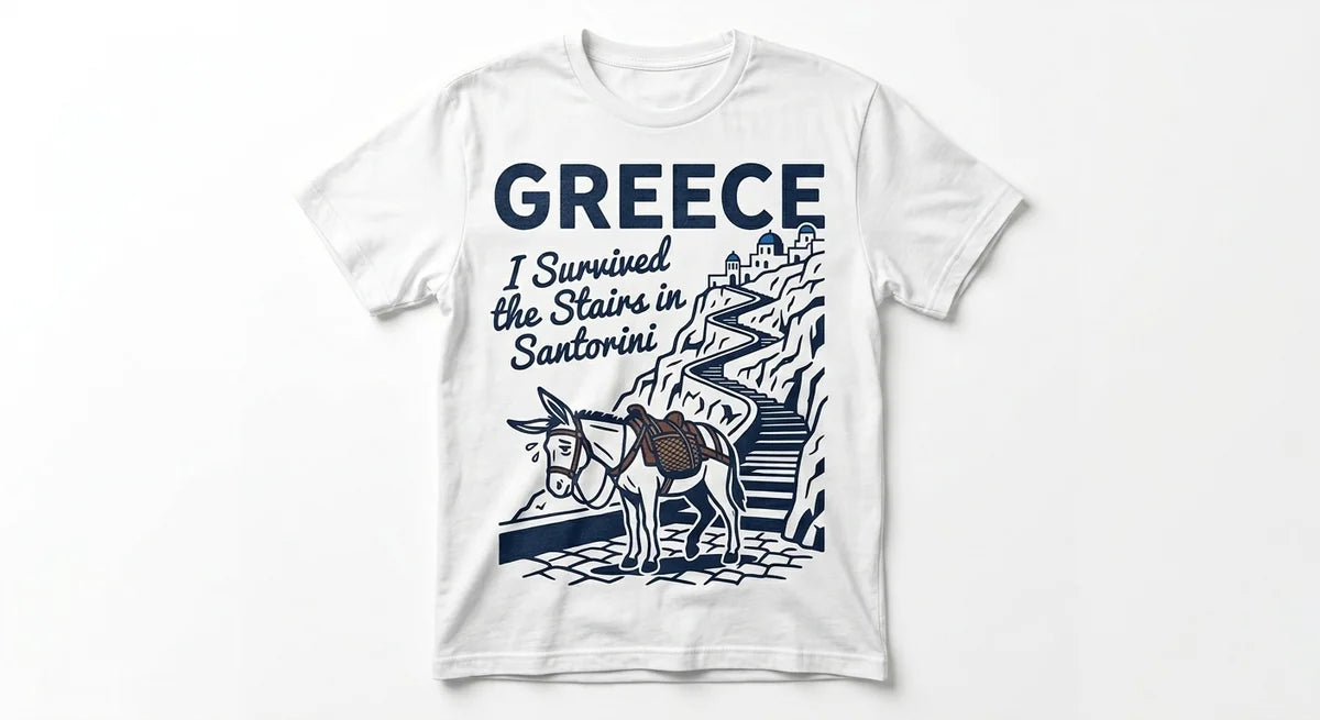 I Survived the Stairs in Santorini T-Shirt | Funny Greece Travel Souvenir Tee | Donkey & Cliff Graphic Shirt