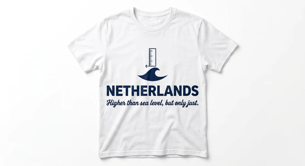 Netherlands Souvenir T-Shirt | "Higher Than Sea Level" Graphic Tee | Funny Dutch Geography Cotton Shirt