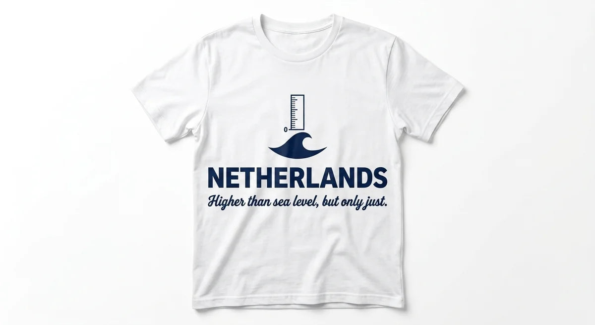 Netherlands Souvenir T-Shirt | "Higher Than Sea Level" Graphic Tee | Funny Dutch Geography Cotton Shirt