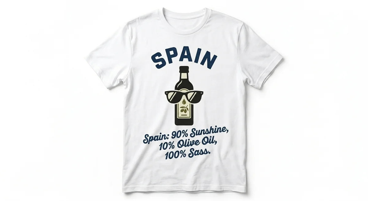 "90% Sunshine, 10% Olive Oil, 100% Sass" Souvenir Tee | Unisex Funny Travel Shirt | Spain Graphic T-Shirt