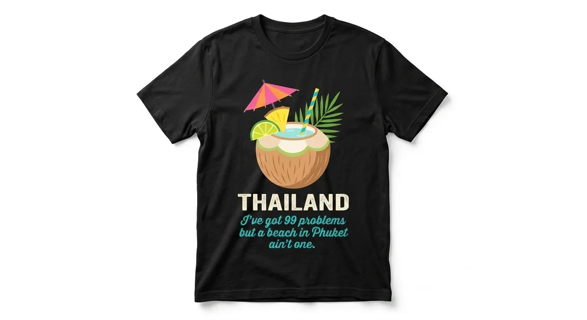 Thailand Vacation Souvenir T-Shirt | "99 Problems But A Phuket Beach" Graphic Tee | Funny Travel Gift & Beach Apparel