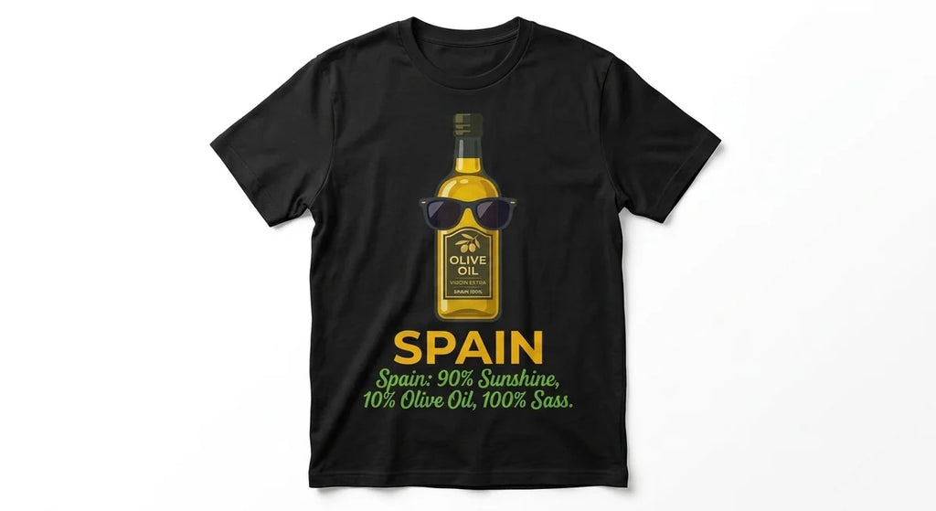 "90% Sunshine, 10% Olive Oil, 100% Sass" Souvenir Tee | Unisex Funny Travel Shirt | Spain Graphic T-Shirt