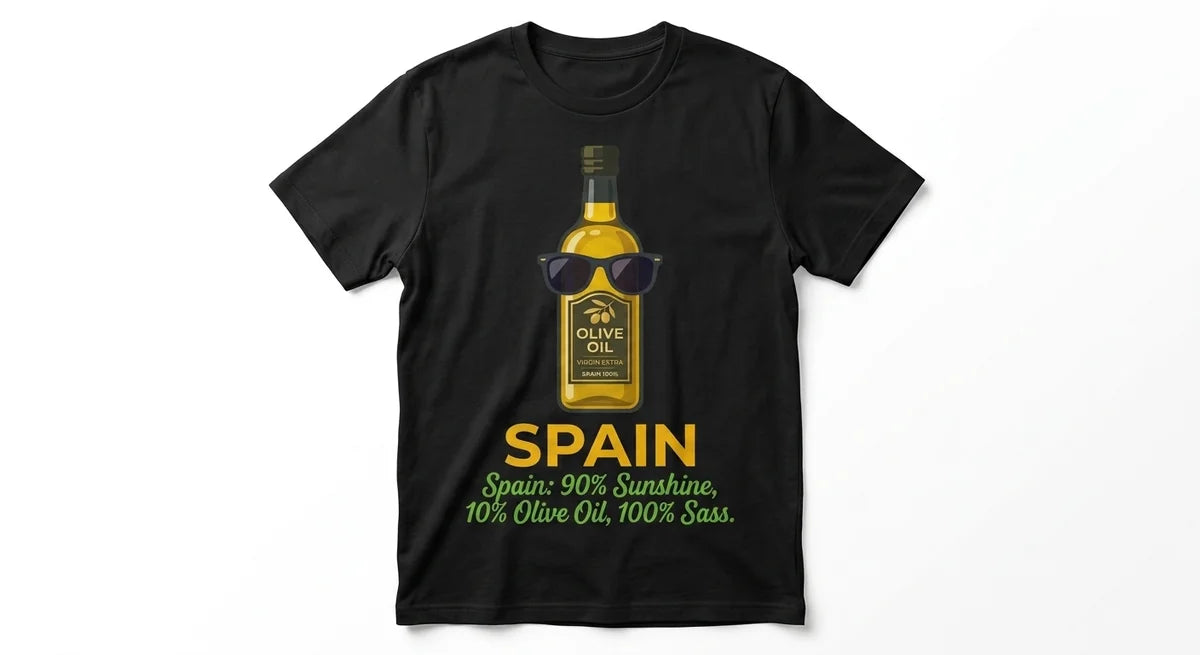"90% Sunshine, 10% Olive Oil, 100% Sass" Souvenir Tee | Unisex Funny Travel Shirt | Spain Graphic T-Shirt