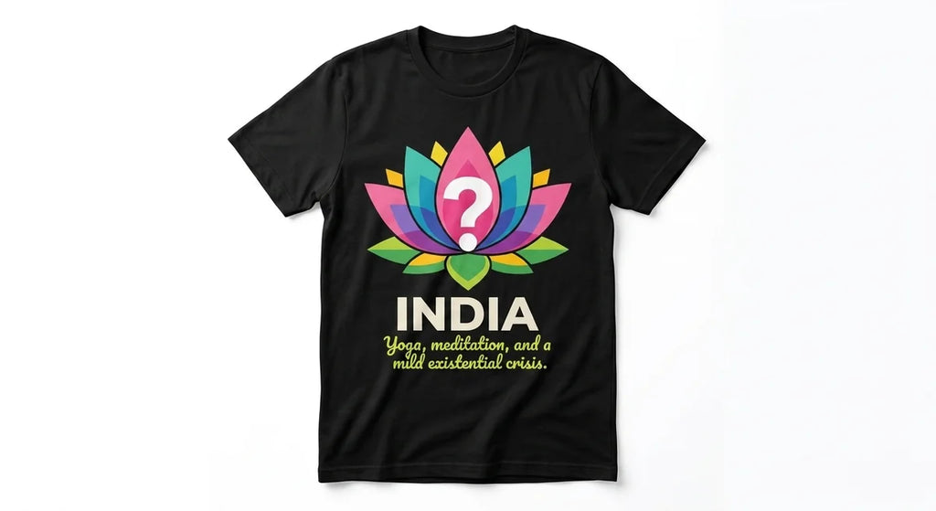 India Souvenir T-Shirt | 'Yoga, Meditation, and a Mild Existential Crisis' Graphic Tee | Spiritual Humor Apparel