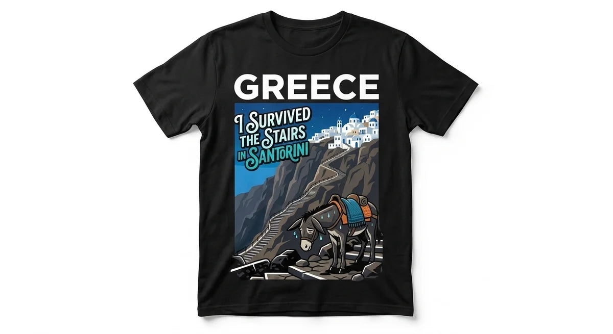 I Survived the Stairs in Santorini T-Shirt | Funny Greece Travel Souvenir Tee | Donkey & Cliff Graphic Shirt