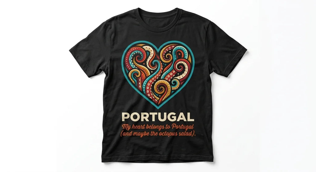 Portugal Travel T-Shirt | Heart-Shaped Octopus Graphic | Funny Portuguese Foodie Souvenir | 100% Cotton Premium Tee