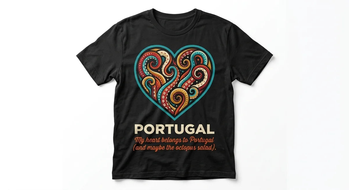Portugal Travel T-Shirt | Heart-Shaped Octopus Graphic | Funny Portuguese Foodie Souvenir | 100% Cotton Premium Tee