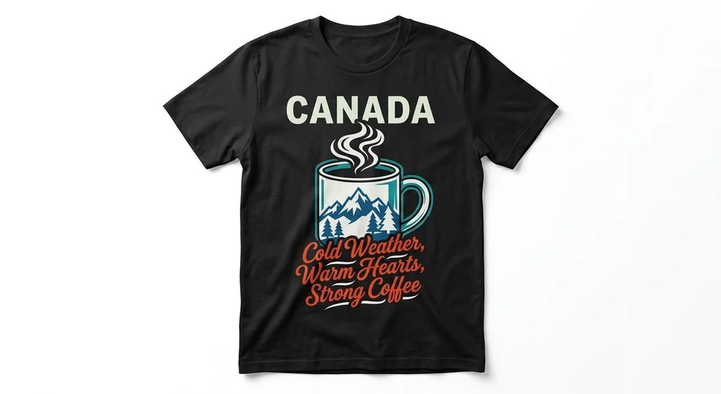 Canada Souvenir T-Shirt: Cold Weather, Warm Hearts, Strong Coffee | Premium Unisex Cotton Tee