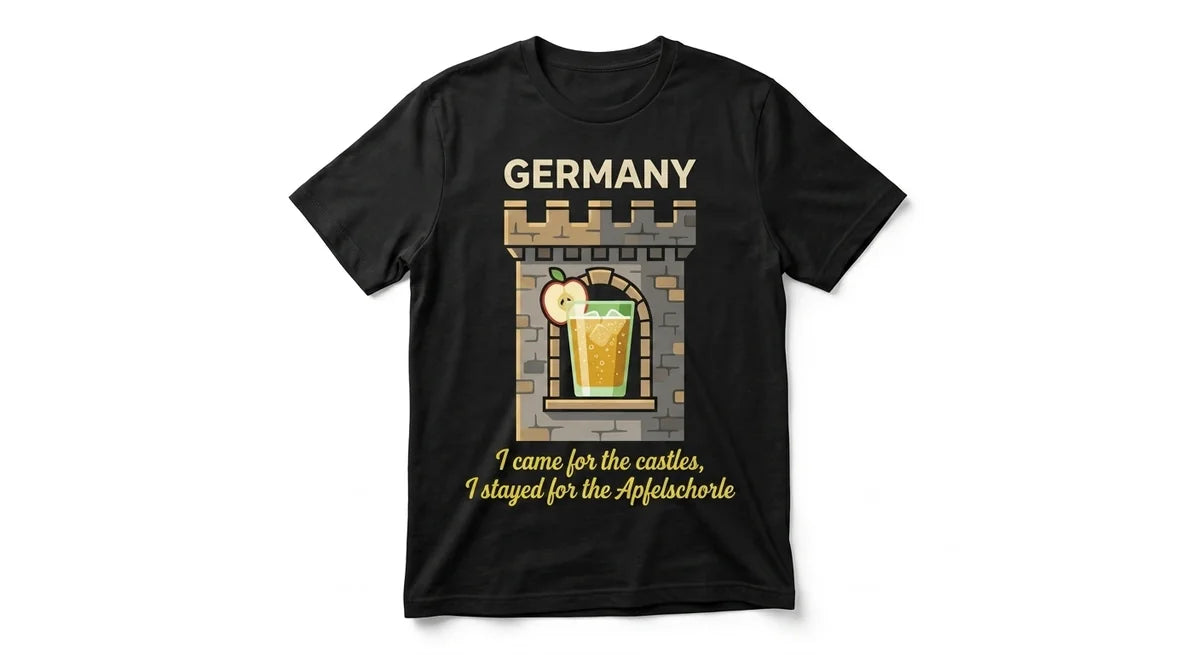 Germany Travel T-Shirt | "I Came for the Castles, I Stayed for the Apfelschorle" Funny Tee | Bavarian Aesthetic Graphic Shirt