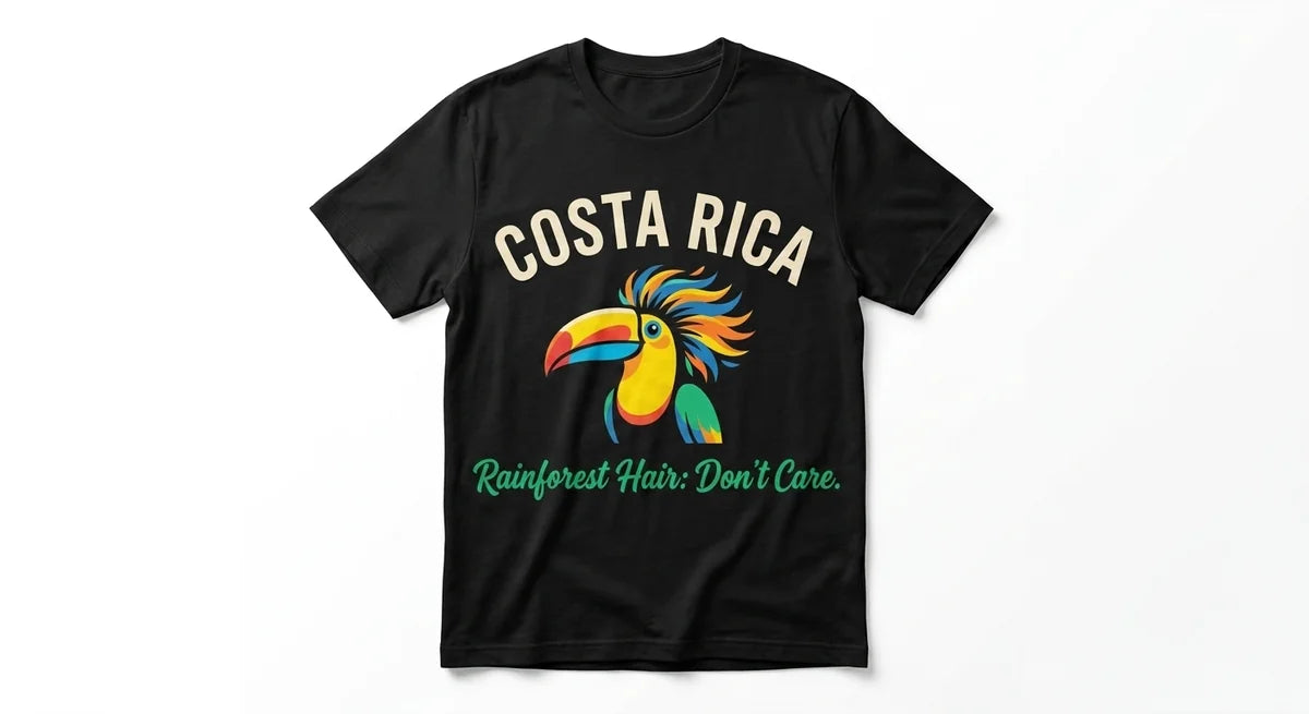 Women's Rainforest Hair Don't Care Graphic Tee | Toucan Frizzy Crest Vacation Apparel | Costa Rica Souvenir T-Shirt
