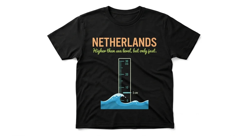 Netherlands Souvenir T-Shirt | "Higher Than Sea Level" Graphic Tee | Funny Dutch Geography Cotton Shirt