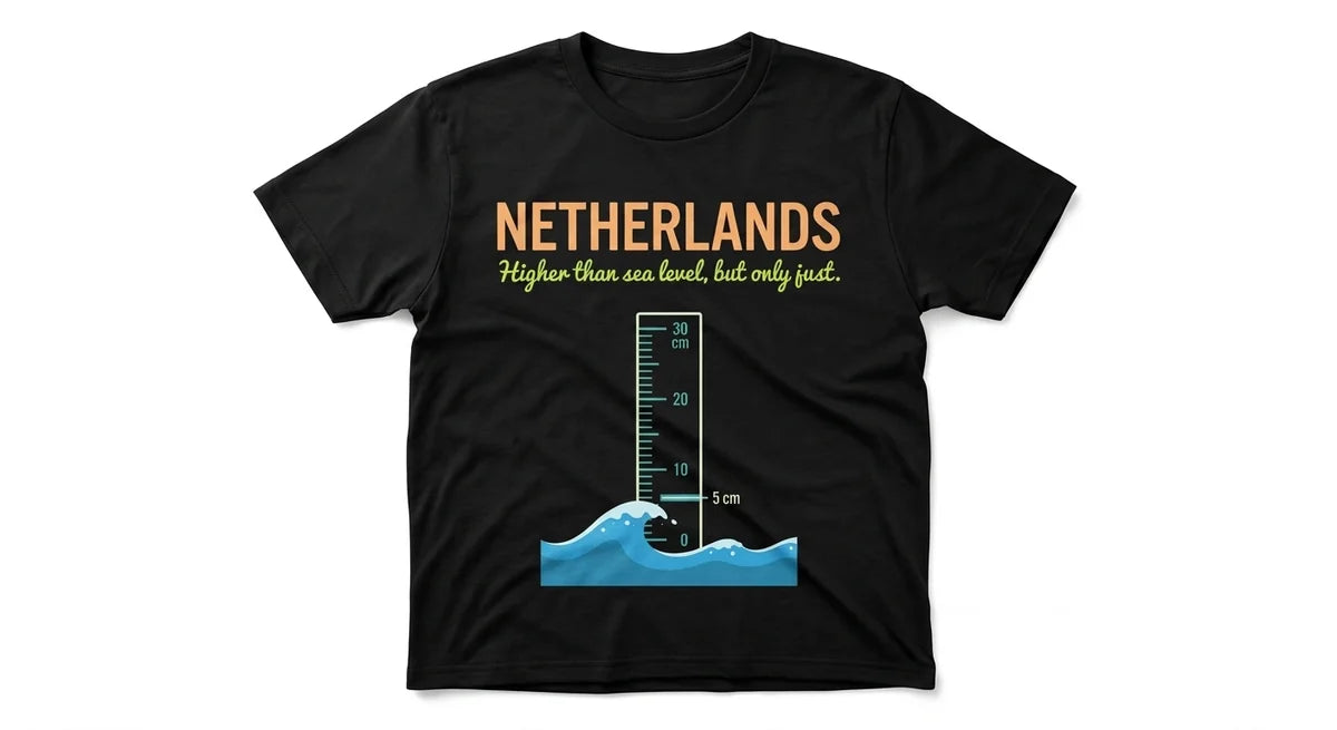 Netherlands Souvenir T-Shirt | "Higher Than Sea Level" Graphic Tee | Funny Dutch Geography Cotton Shirt