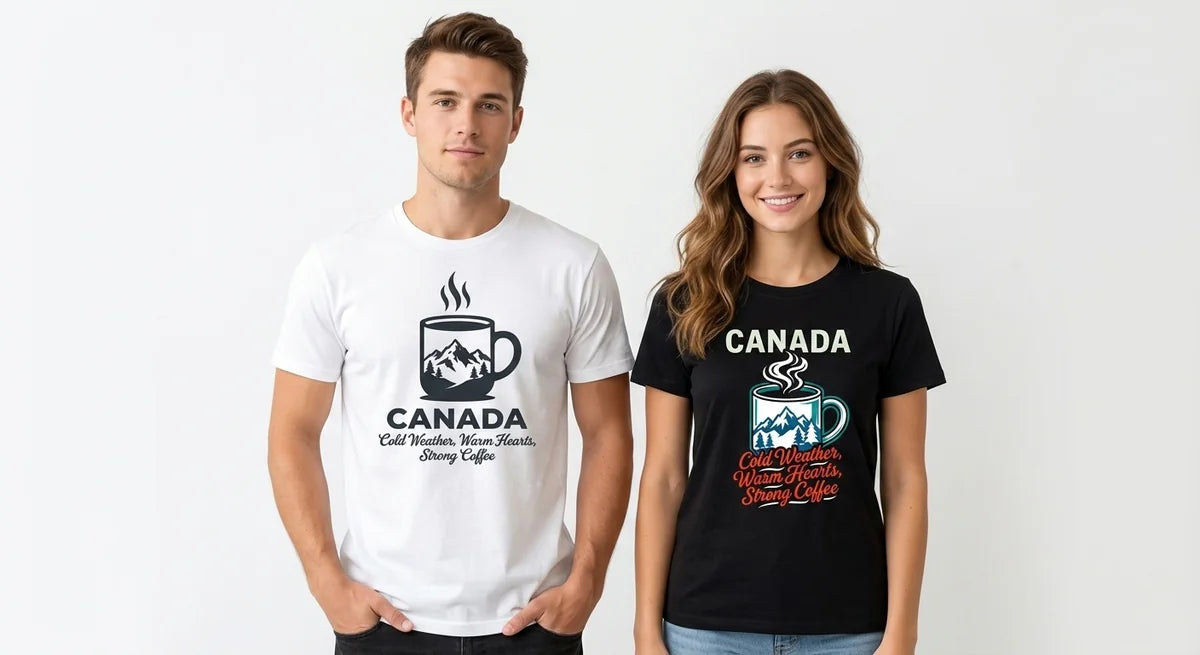 Canada Souvenir T-Shirt: Cold Weather, Warm Hearts, Strong Coffee | Premium Unisex Cotton Tee