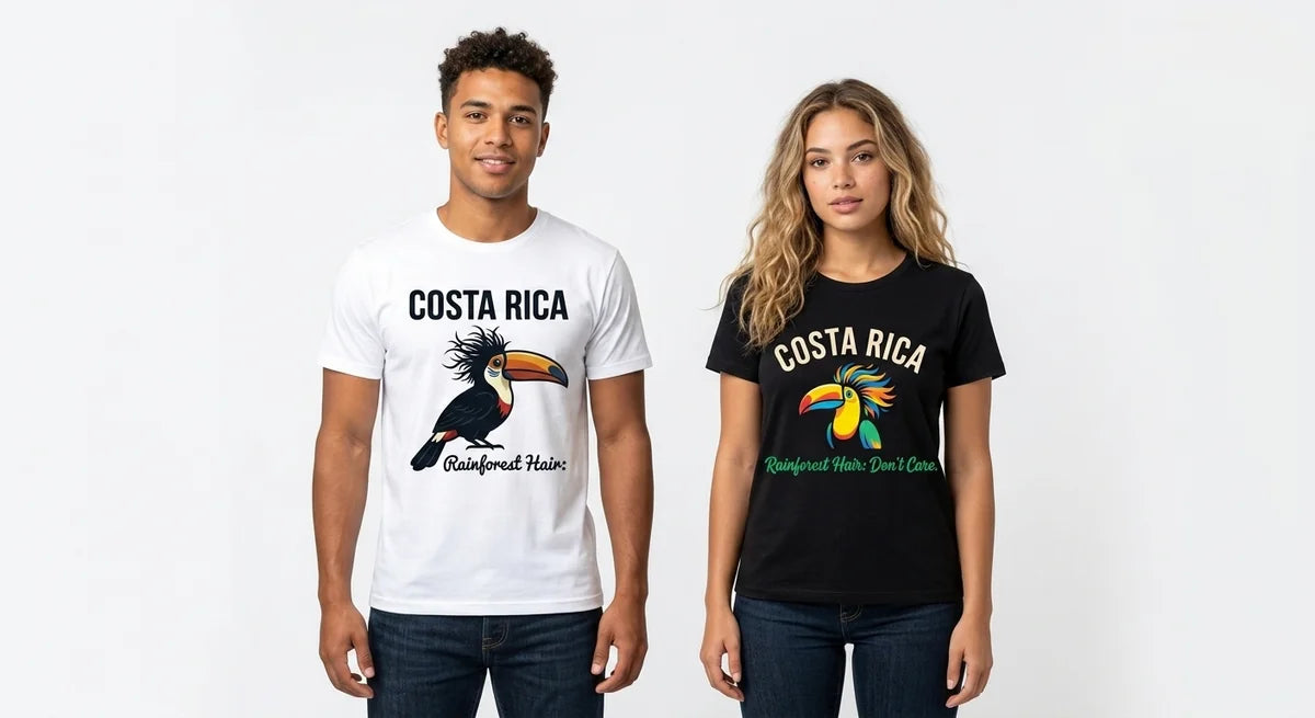 Women's Rainforest Hair Don't Care Graphic Tee | Toucan Frizzy Crest Vacation Apparel | Costa Rica Souvenir T-Shirt
