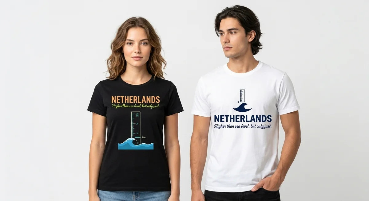 Netherlands Souvenir T-Shirt | "Higher Than Sea Level" Graphic Tee | Funny Dutch Geography Cotton Shirt