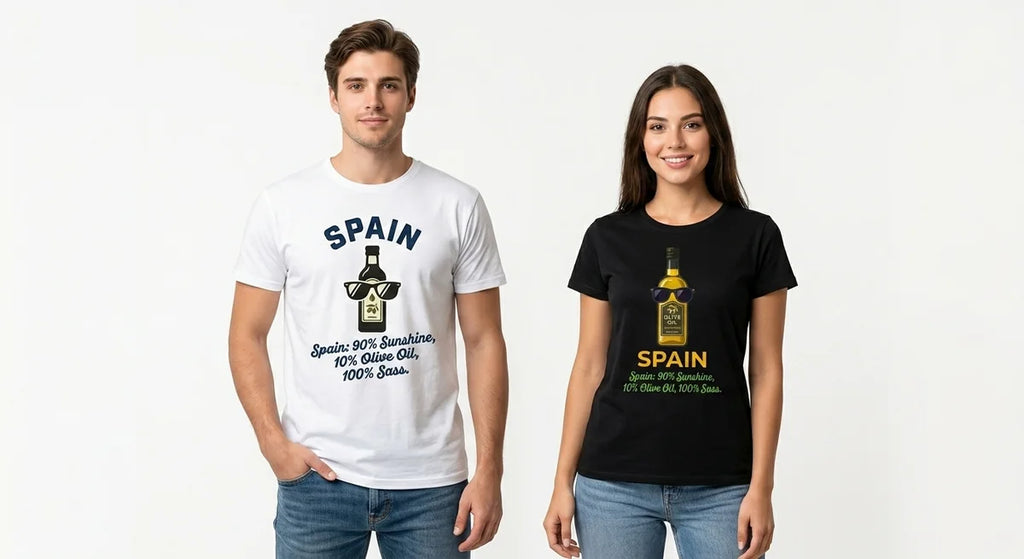 "90% Sunshine, 10% Olive Oil, 100% Sass" Souvenir Tee | Unisex Funny Travel Shirt | Spain Graphic T-Shirt