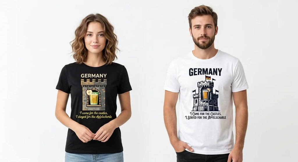 Germany Travel T-Shirt | "I Came for the Castles, I Stayed for the Apfelschorle" Funny Tee | Bavarian Aesthetic Graphic Shirt