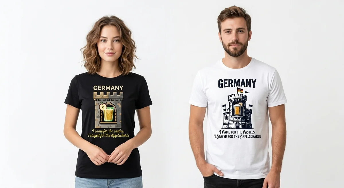 Germany Travel T-Shirt | "I Came for the Castles, I Stayed for the Apfelschorle" Funny Tee | Bavarian Aesthetic Graphic Shirt
