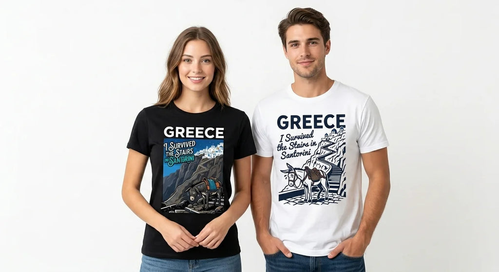 I Survived the Stairs in Santorini T-Shirt | Funny Greece Travel Souvenir Tee | Donkey & Cliff Graphic Shirt