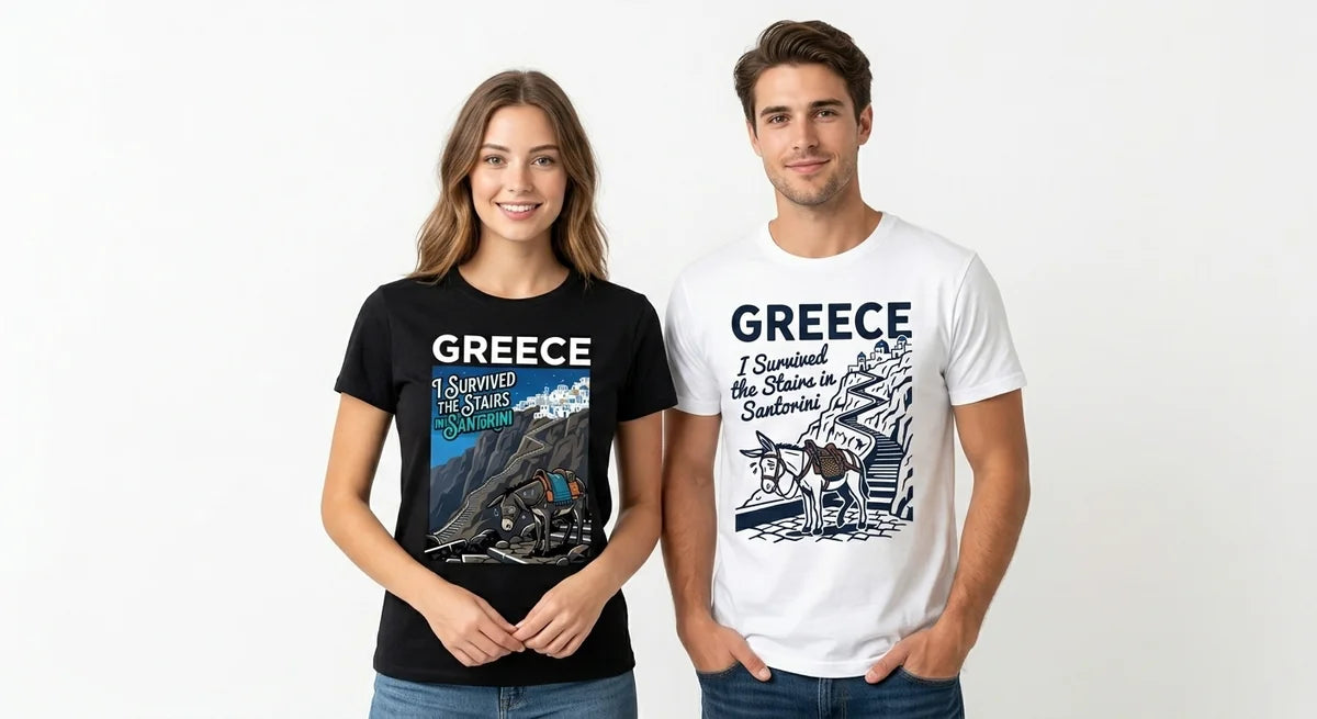 I Survived the Stairs in Santorini T-Shirt | Funny Greece Travel Souvenir Tee | Donkey & Cliff Graphic Shirt