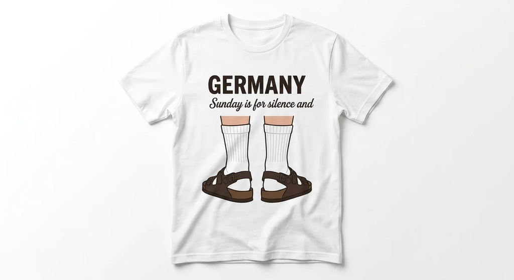 Germany Slogan T-Shirt: "Sunday Silence & Socks in Sandals" Funny Travel Souvenir Tee