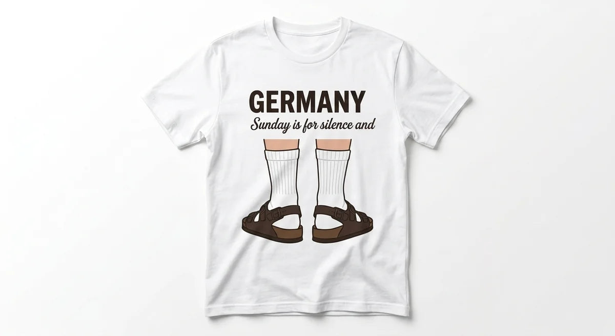 Germany Slogan T-Shirt: "Sunday Silence & Socks in Sandals" Funny Travel Souvenir Tee
