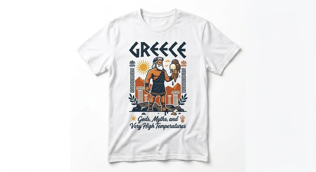 Greece Souvenir T-Shirt | Zeus Melting Ice Cream Graphic Tee | Funny Mythology Summer Shirt