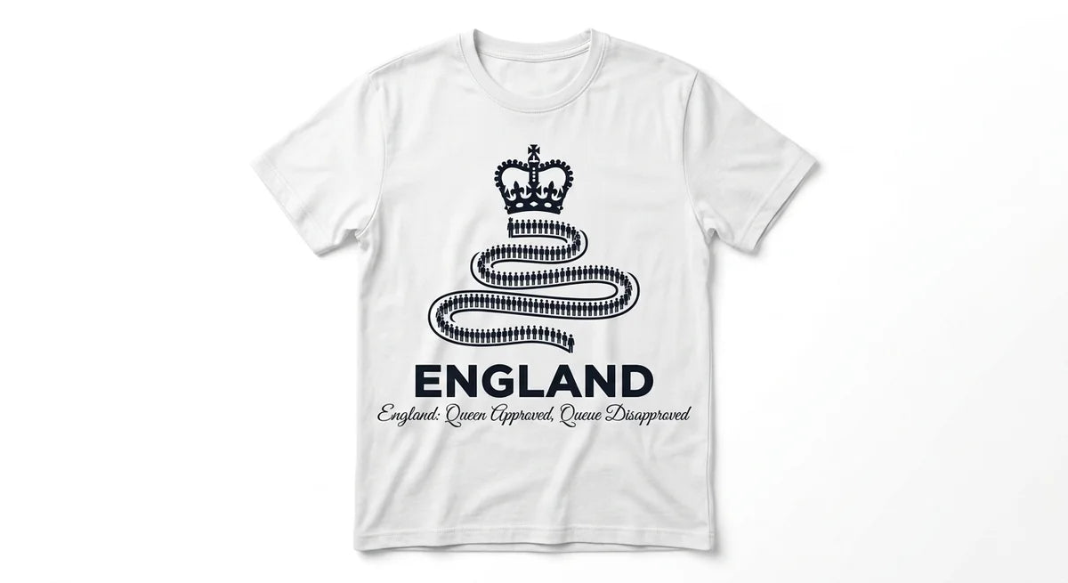 England Souvenir T-Shirt | "Queen Approved, Queue Disapproved" Funny British Humor Tee | Premium Cotton Graphic Top