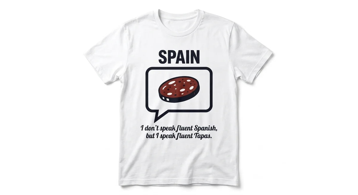 "I Speak Fluent Tapas" Spain Souvenir T-Shirt | Funny Foodie Tee | Funny Spain Vacation Graphic Tee