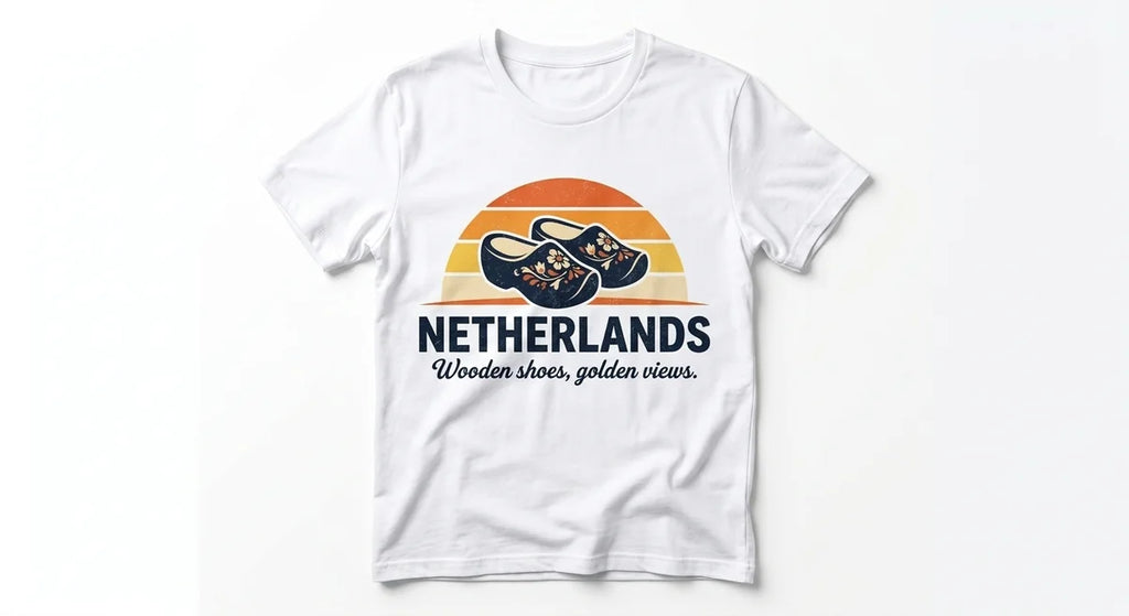 Netherlands Sunset Clog T-Shirt | Iconic Dutch Souvenir Tee | Wooden Shoes, Golden Views Graphic Shirt