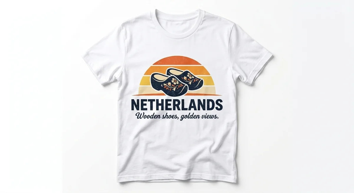 Netherlands Sunset Clog T-Shirt | Iconic Dutch Souvenir Tee | Wooden Shoes, Golden Views Graphic Shirt