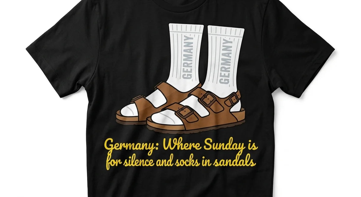 Germany Slogan T-Shirt: "Sunday Silence & Socks in Sandals" Funny Travel Souvenir Tee